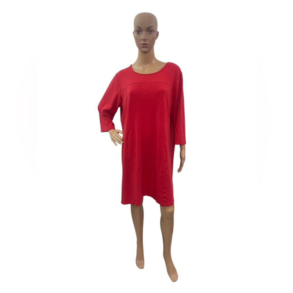 J Jill Women’s Plus Size 2X Stretch Hibiscus 3/4 Sleeve Red Shift Dress